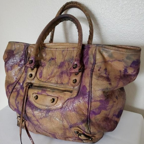 Balenciaga Handbags - Balenciaga Graffiti day work bag beige Purple blue green dyed velo sunday tote